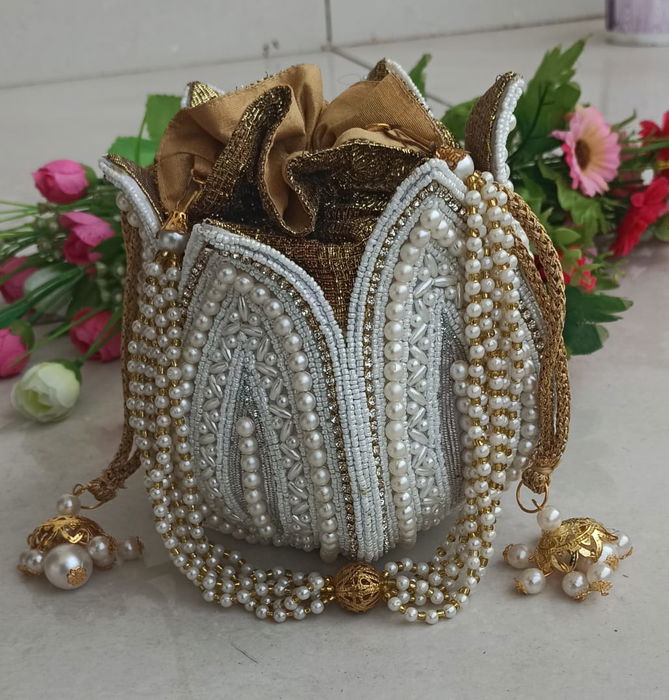 Ethnic Embroidered Pearl Lotus Shaped Potlies
